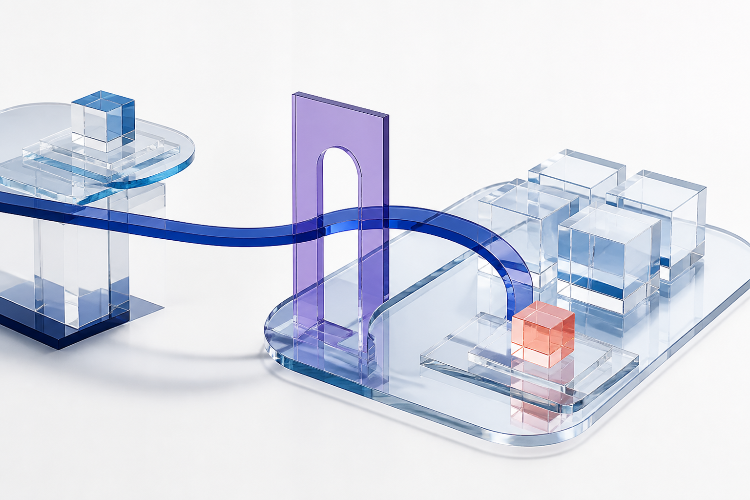 3D bridge passing through a violet portal toward organized modules